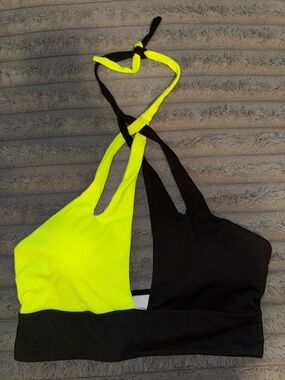 SHEIN Neon Yellow and Black Asymmetric Halter Bikini Top